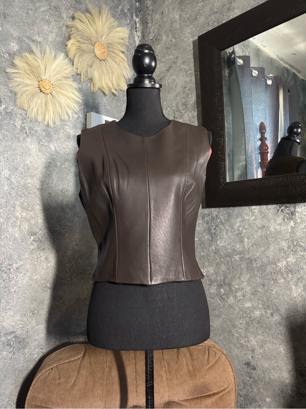 Preston & York Brown Lambskin & Leather Trim Crewneck Top with Red Liner